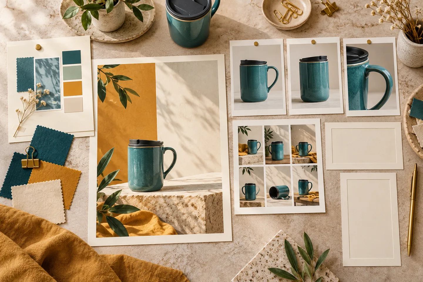 A teal mug campaign concept beside a reference-photo pack, color swatches, and alternate format mats